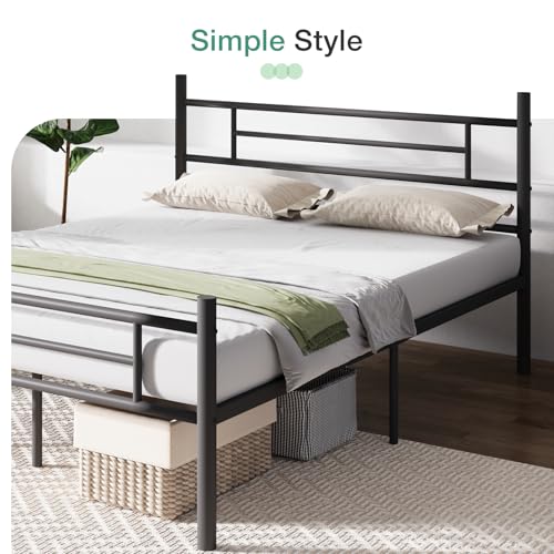Full Size Metal Bed Frame with Headboard & Footboard - Dark Black, 14 Inch Platform with Under Bed Storage