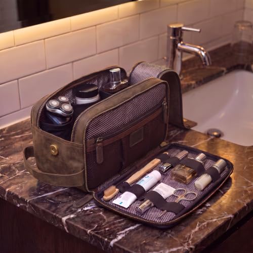 Leather Toiletry Dopp Kit Bag for Men & Women - Rustic Brown, 10in