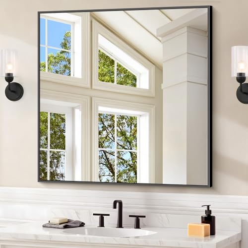 COFENY Black 30x30 Inch Rectangle Wall Mirror with Metal Frame - Modern Vanity Bathroom & Living Room Decor - Horizontal or Vertical Mounting