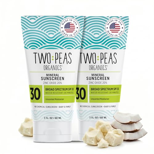 Two Peas Organics Mineral Sunscreen SPF 30 Lotion Twin Pack - Unscented, Water-Resistant 80 Min, Non-Nano Zinc, Baby & Family Safe, Organic & Reef Safe - 3 oz