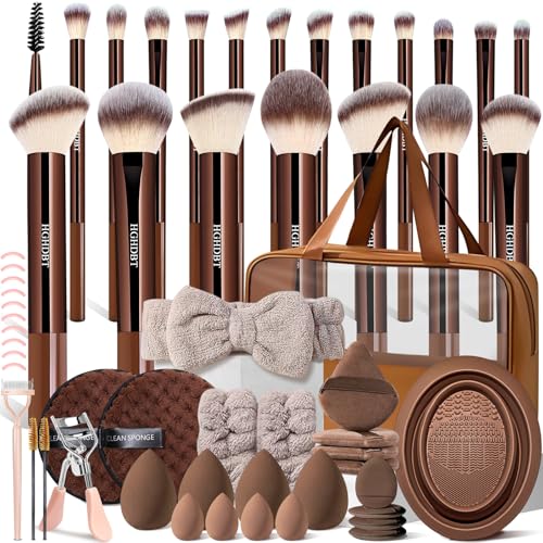 HGHDBT 57-Piece Brown Makeup Brush Set with Case - Professional Synthetic Face & Eye Brushes