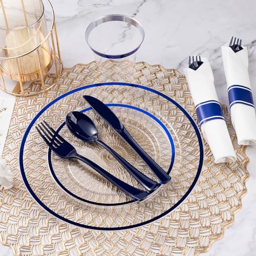 Dark Blue Disposable Plastic Plates Set for 100 Guests - 700 Pcs