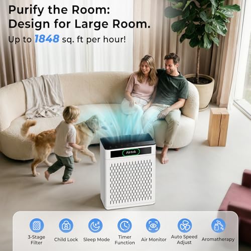 Airtok HEPA Air Purifier for Large Rooms Up to 1848 sq.ft - White