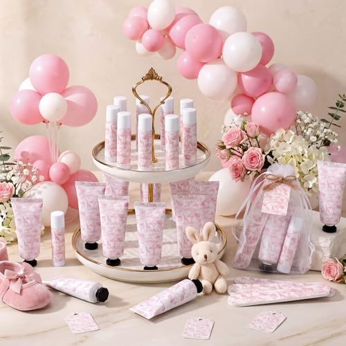 Pink Toile Baby Shower Favor Set - 24 Hand Cream Lip Balm Nail File & Organza Bag