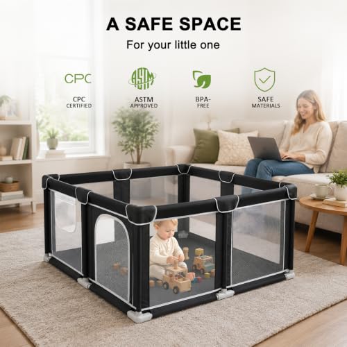 Black Foldable Baby Playpen 50x50 Inches with Mesh Walls & Mat - Portable Toddler Play Yard