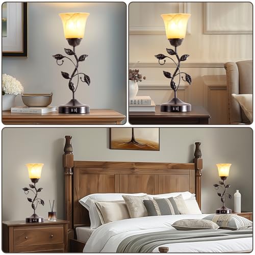 2 Pack Touch Vintage Bedroom Leaf Table Lamps with USB Ports - Bronze, Dimmable