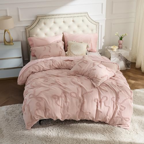 Full Size Pink Comforter Set with Bow Embroidery – 3 Pieces Tufted Rose Pink Bedding