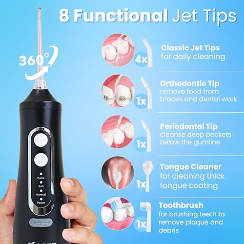 Advance Black Cordless Dental Water Flosser with 4 Modes & 8 Tips - 310ML