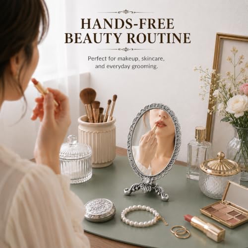 SEHAMANO Vintage Double Sided Handheld Makeup Mirror - Matte Grey (Tin) - Folding Travel & Stand Mirror with Magnification