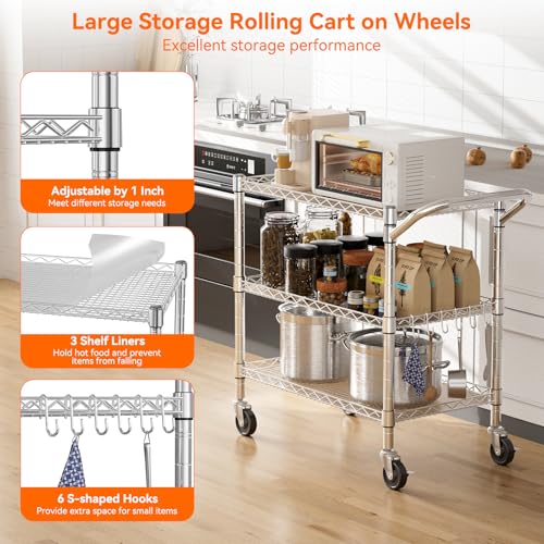 Heavy Duty 3-Tier Rolling Utility Cart with Lockable Wheels, NSF Metal Kitchen & Storage Cart, 990 lbs Capacity