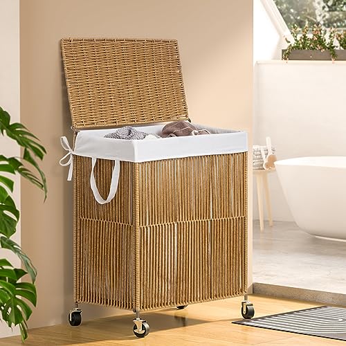 115L Rolling Laundry Basket with Wheels and Lid - Handwoven Double Compartment Hamper