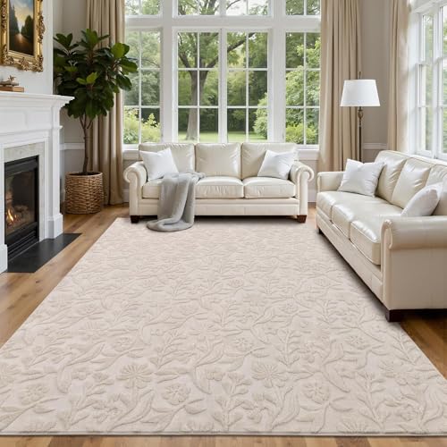 Vaukki 6x9 Beige Area Rug for Living Room & Bedroom - Modern Floral Woven Carpet