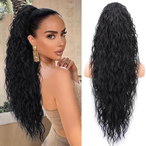 30 Inch Black Curly Ponytail Extension with Claw Clip - Long Wavy Hairpiece for Women