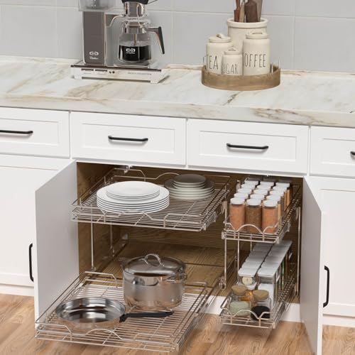 OCG 2-Tier Pull Out Cabinet Organizer (14W x 21D x 15.6H) Chrome Finish