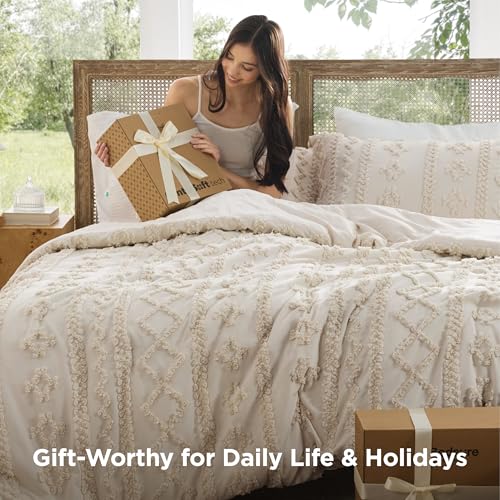 Oversized Queen Boho Comforter Set - Beige Bedding with Embroidered Tufts