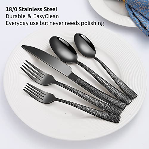 40-Piece Black Silverware Set - Stainless Steel Flatware for 8 with Hammered Handles