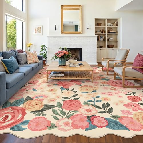 Scalloped Beige Floral Area Rug 8x10 - Washable Vintage Carpet for Living Room