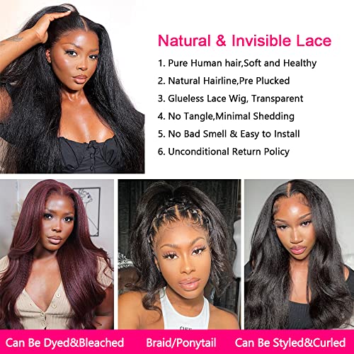 24 Inch Kinky Straight Lace Front Wig for Black Women - Human Hair, Pre Plucked with Baby Hairs, HD Transparent Lace, 180% Density, Variation 1B