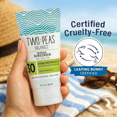 Two Peas Organics Mineral Sunscreen SPF 30 Lotion Twin Pack - Unscented, Water-Resistant 80 Min, Non-Nano Zinc, Baby & Family Safe, Organic & Reef Safe - 3 oz