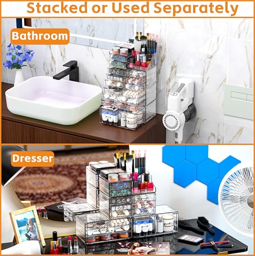 4 Pack Acrylic Makeup Organizer with 14 Drawers for Vanity and Bathroom Storage - Clear