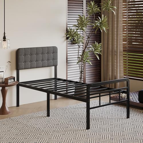 Grey Upholstered Twin Bed Frame with Headboard & Footboard - 18 Inch Support