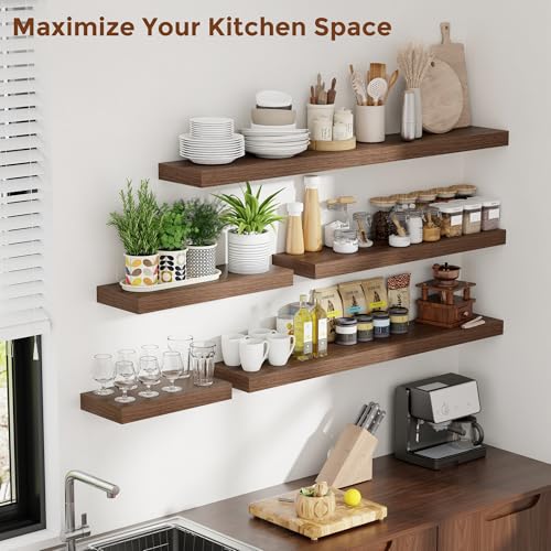 Heimlove 48" Walnut Floating Shelves, Set of 2 | 8" Deep Wall-Mounted Rustic Wood Shelves
