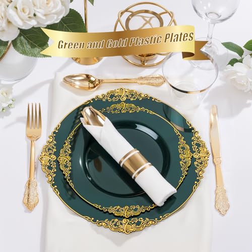 Green Plastic Dinnerware Set for 50 Guests - Gold Rim, 350 Pieces, Includes Plates Cups & Utensils
