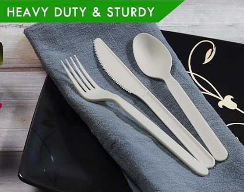 GreenWorks 7-inch Heavy-duty Compostable Cutlery Kit - 200 Sets BPI Certified Eco-Friendly Utensils with Napkins & Bags