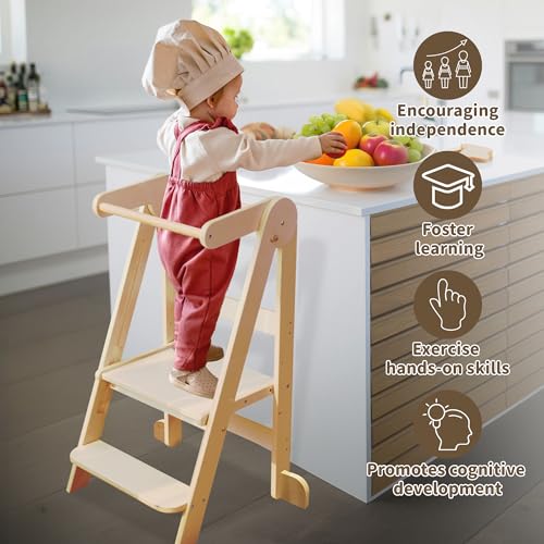 Natural Wood Foldable Toddler Learning Tower with Adjustable Heights - Preassembled Montessori Kitchen Stool for Kids 1.5-6 Years