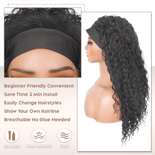 PREMPO Black 1B Curly Headband Wig 20 Inch Glueless Water Wave Synthetic Hair