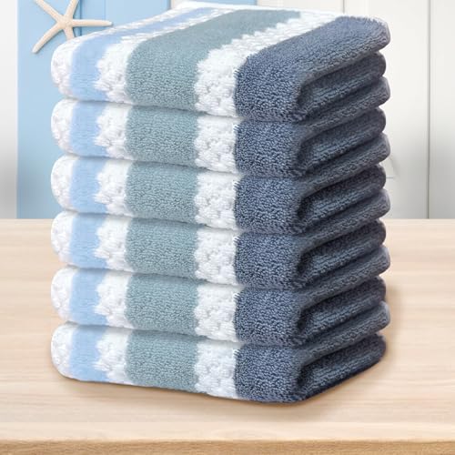 Blue Gray & White Waffle Cotton Washcloth Set - 6 Pack, 13x13 Inches