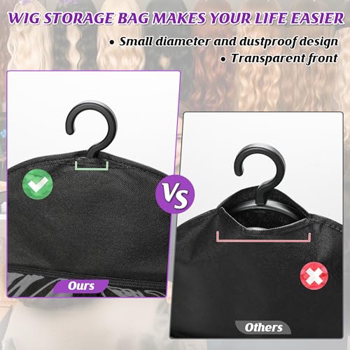 6PCS Wig Storage Bags with Hangers Dust-Proof & Foldable for Travel & Home - Black