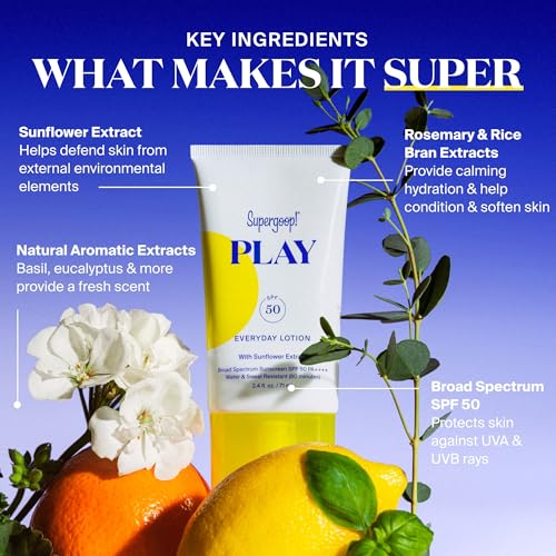 Supergoop! PLAY Everyday Lotion SPF 50 - Broad Spectrum Body & Face Sunscreen - Great for Active Days - Fast Absorbing, Water & Sweat Resistant - 2.4 fl oz