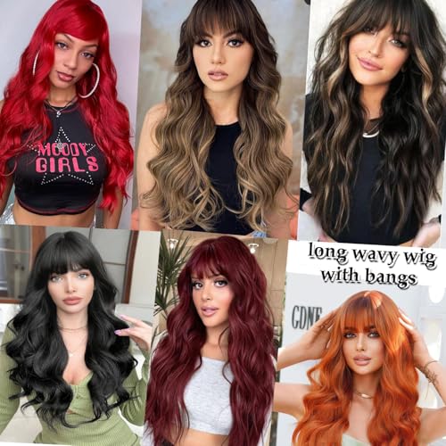 Vomella Blonde 26 Inch Curly Wavy Synthetic Wig with Bangs for Women - Natural Look & Heat-Resistant