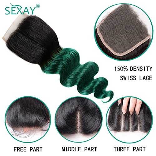 14 Inch Green Lace Closure Body Wave Human Hair Extensions - Ombre Pre Plucked With Baby Hair