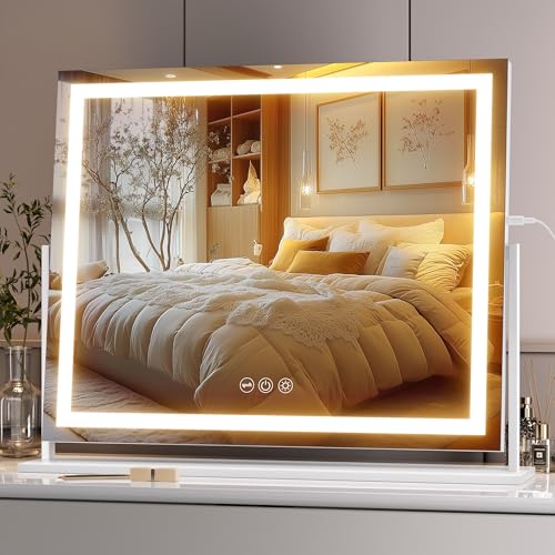 Hasipu Vanity Mirror with Lights, 23.6" x 18.1" LED Makeup Mirror, Light up Mirror with Smart Touch 3 Colors Dimmable, Brightness Adjustment, 360¡Æ Rotation (White)