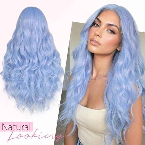 FAVE Light Blue Wavy Synthetic Wig for Women 26-Inch Long Party & Daily Use