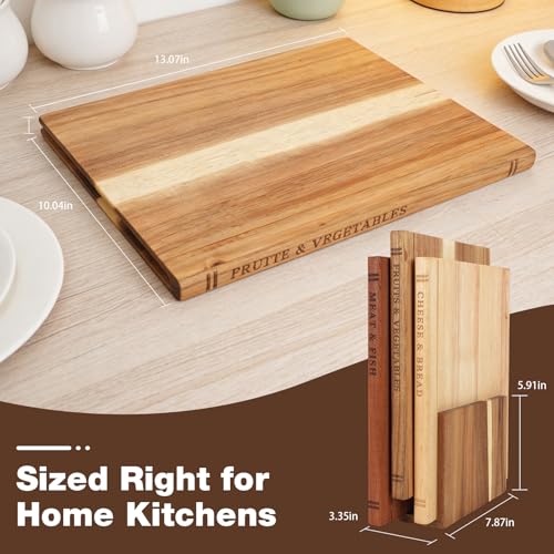 Book-Shaped Acacia Wood Cutting Board Set with Stand - Labeled for Meat, Fish, Cheese, Fruits & Vegetables - Decorative Kitchen Gift