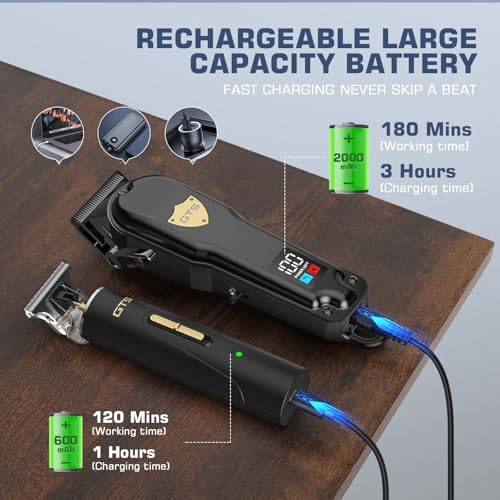 GTSPro Hair Clippers for Men with Trimmer Set - Shield-Black, DLC Head, 180-Min USB-Ccharged