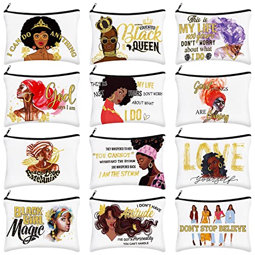 Umigy 12 Pcs African Girl Makeup Bags Black Girl African Gifts Afro Melanin Art Cosmetic Canvas Bags Funny Cute Reusable Toiletry Pouch Organizer Black Owned Business Gift for Women(Stylish Style)
