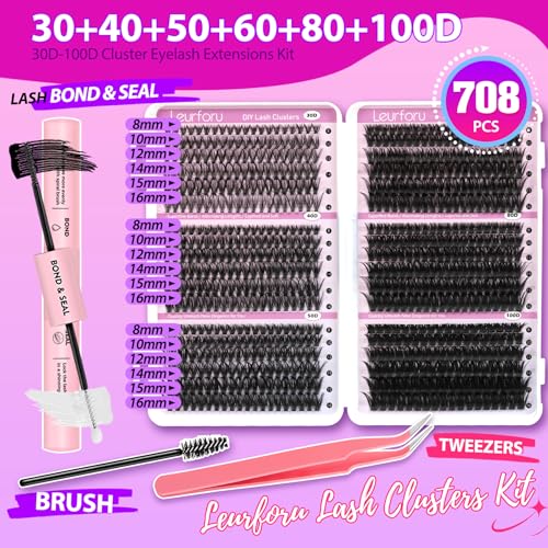 Lash Clusters Kit Wispy Lash Clusters 30D-100D 708pcs Individual Lashes Clusters Kit 8-16mm Natural Eyelash Clusters With Thin Band Soft Cluster Lashes Lash Bond and Seal Tweezers & Brush