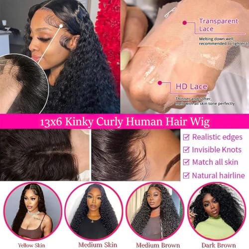 16 Inch Kinky Curly Human Hair Lace Front Wig - Black, Pre Plucked, Glueless Short Afro Bob