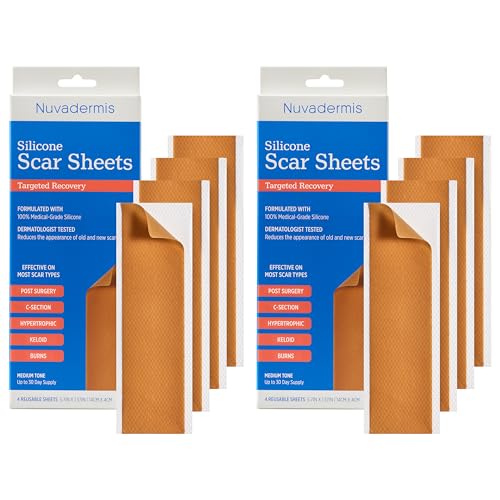 NUVADERMIS Silicone Scar Sheets - Extra Long Scar Sheets 2 Packs of 4 - Medium Tone for C-Section Tummy Tuck Keloid Surgical Scars
