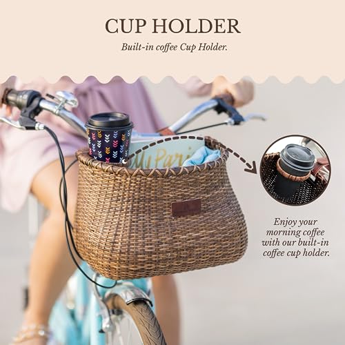 Warners Wheels Stained Front Bike Basket with Cup Holder for Cruiser Bikes