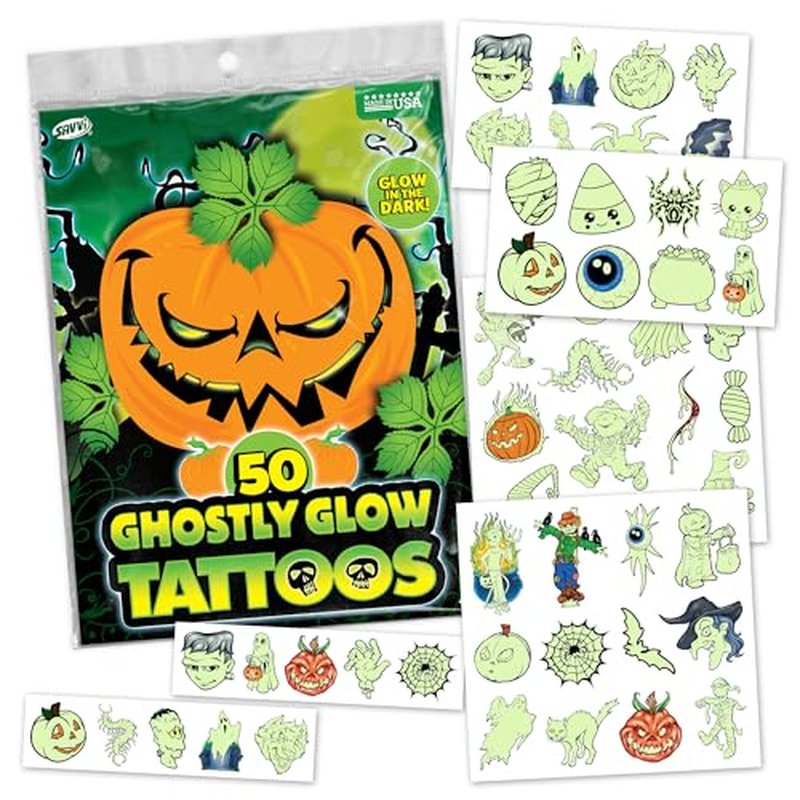Glow in the Dark Ghost Temporary Tattoos ? 50 Pack Halloween Tattoos for Kids, Spooky Party Favors, Non-Toxic & Easy to Apply, Fun Trick-or-Treat Handouts