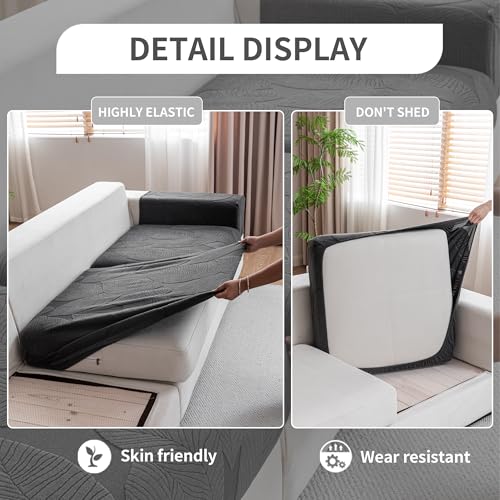 QIANMEW Dark Gray Leaf Pattern 3 Seat Covers + 1 Chaise L-Shaped Couch Cushion Covers (4pcs)