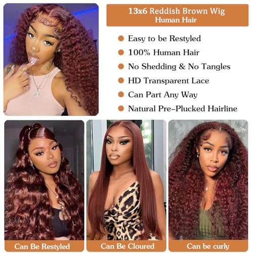 Reddish Brown Lace Front Human Hair Wig 13x6 Deep Wave 18 Inch 180 Density - Pre Plucked