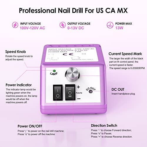 Purple 20000RPM Professional Nail Drill Machine with 6 Bits & 106 Sanding Bands