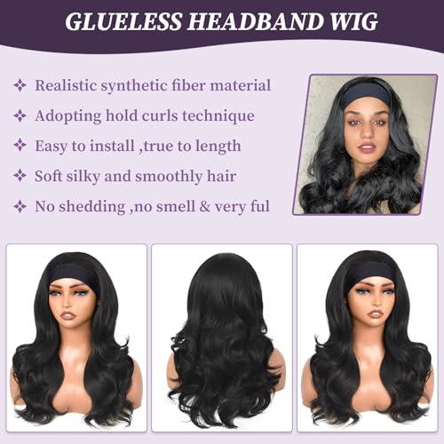 PREMPO 20 Inch Black Long Wavy Headband Wig for Women - 180% Density, Glueless Half Wig, Synthetic, Wear & Go