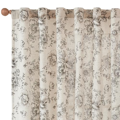 jinchan Black Floral Linen-Lined Curtains 50W x 108L, Pack of 2, Farmhouse Style